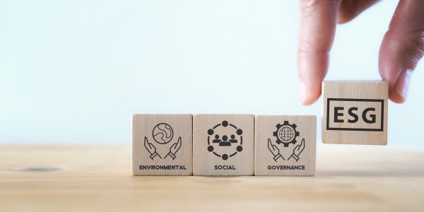 Wooden block with the words environmental, social and governance written on them. A hand places down a fourth bloack with ESG written on it.