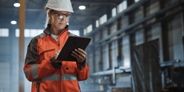 Female engineer in hard hat, using a tablet computer in a warehouse